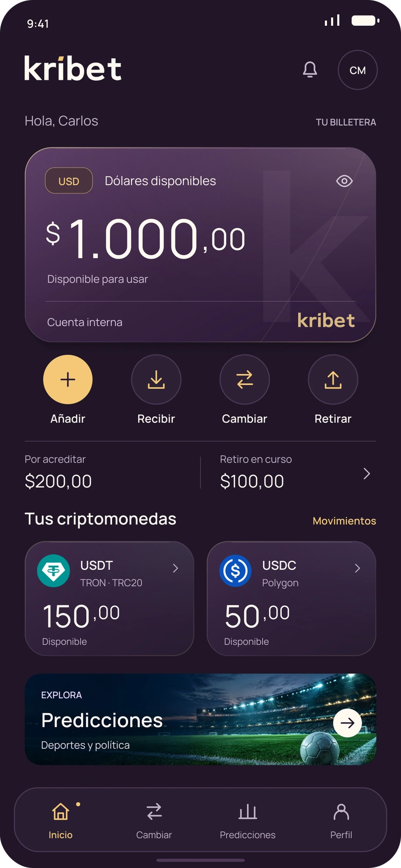 Pantalla de inicio de Kribet con saldo en USD, USDT y USDC